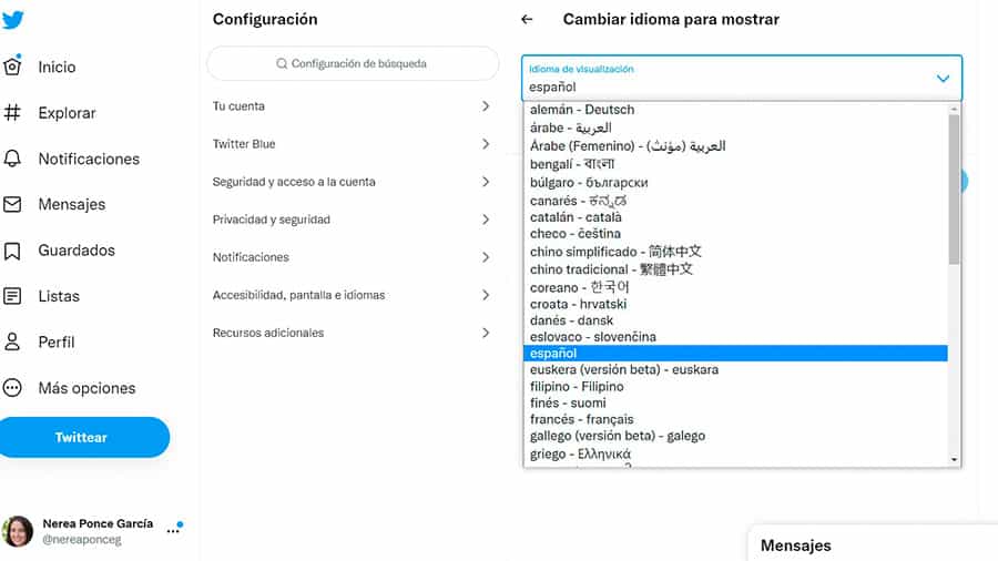 donde se cambia el idioma de twitter
